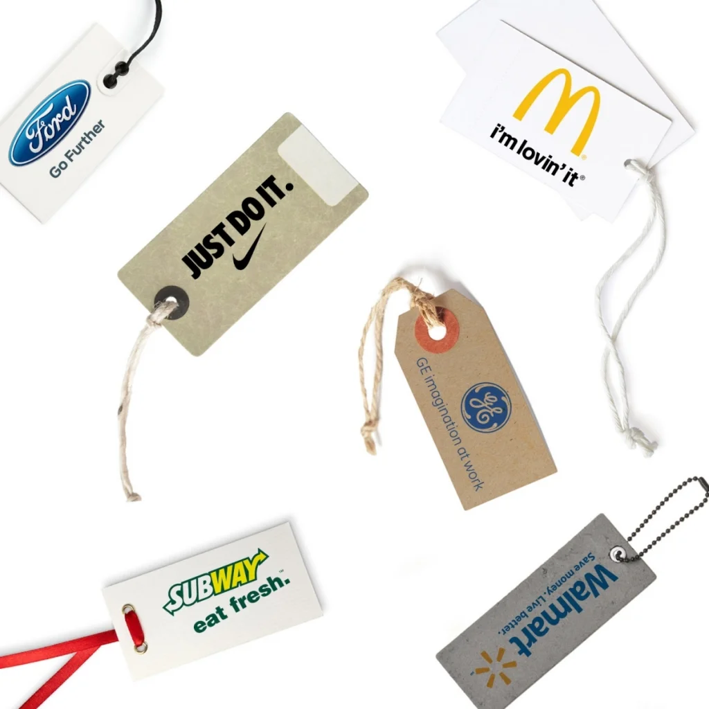 Tags With Company Logos And Slogans On Them