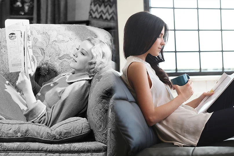 Black And White Photo Of Woman Reading Magazine Next To Color Photo Of Woman Reading Magazine