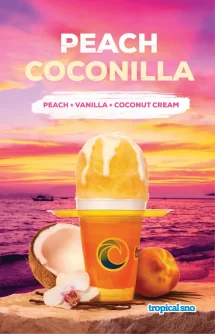Tropical Sno Peach Coconilla Ad With Beach And Sunset In The Background