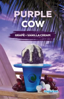 Tropical Sno Purple Cow Flavor Ad With Cup On Beach Chair And Purple Sky