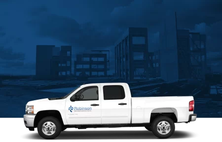 White Truck With Robinson Brothers Logo And Backdrop Of Buildings
