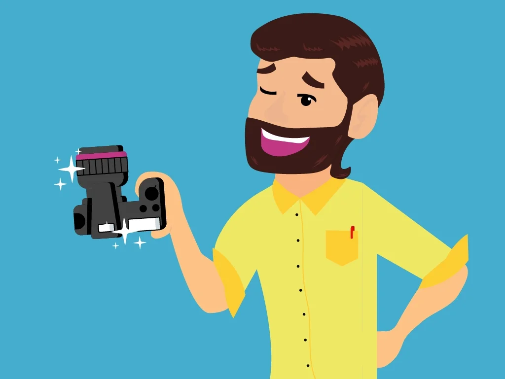 Graphic Of A Bearded Man In A Yellow Shirt Holding A Camera