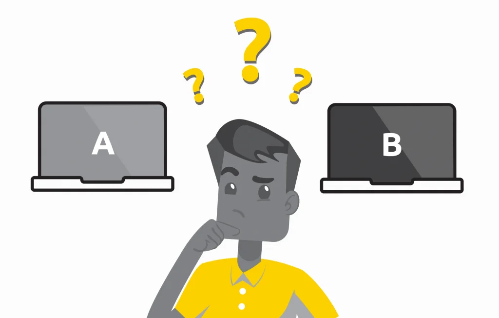 Cartoon Man Deciding Between Option A And Option B Displayed On Laptops