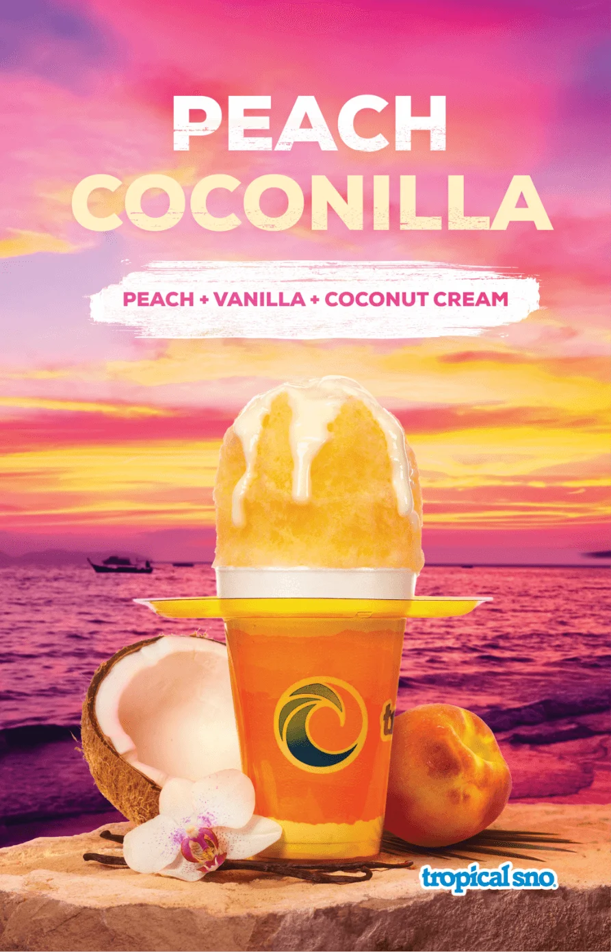 Tropical Sno Peach Coconilla Flavor With Beach Background