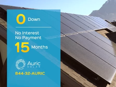 Auric Solar Commercial Graphic. 0 Down, No Interest, No Payments For 15 Months.