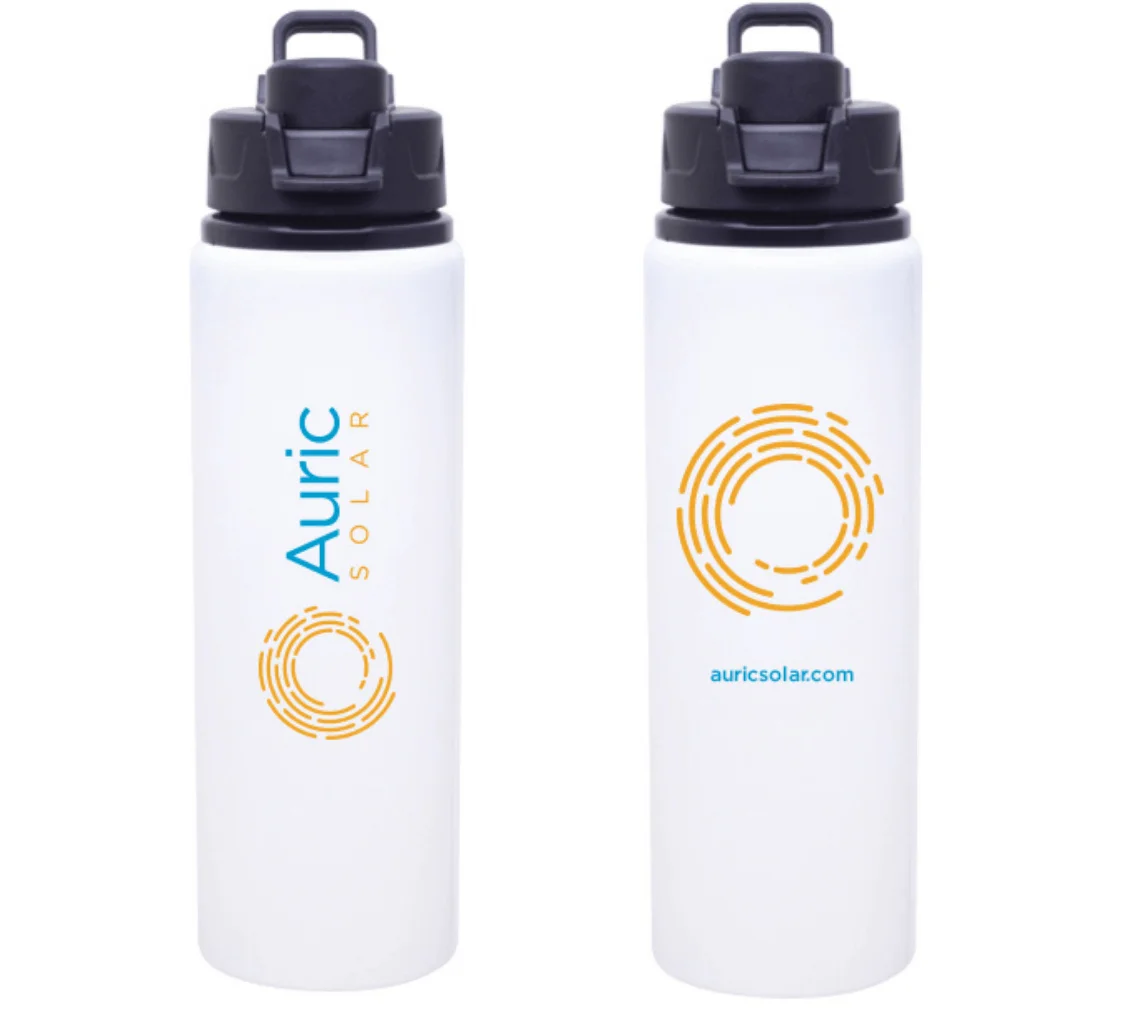 White Water Bottle With Auric Solar Branding