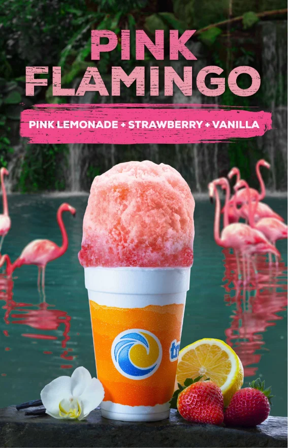 Tropical Sno Pink Flamingo Flavor With Flamingos In Background